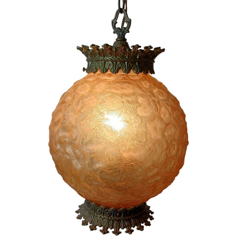 Vintage MCM Amber Glass Swag Round Antique Brass Lamp 1960s Regency Bubble